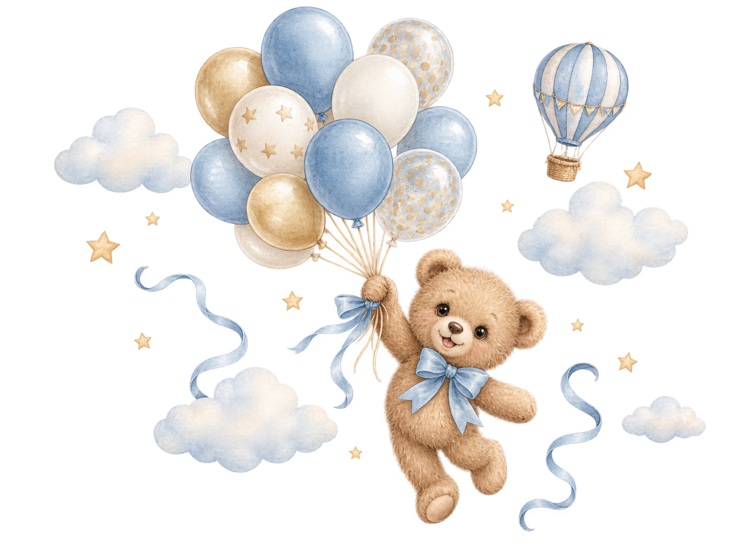 Cheerful teddy bear floating through watercolor clouds with blue, ivory, and gold balloons.