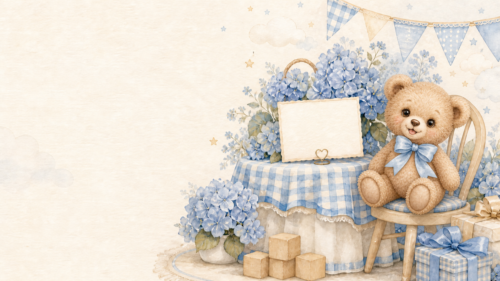 The invitation’s honey-gold teddy seated beside a blue gingham celebration table, hydrangeas, bunting, and wrapped gifts.