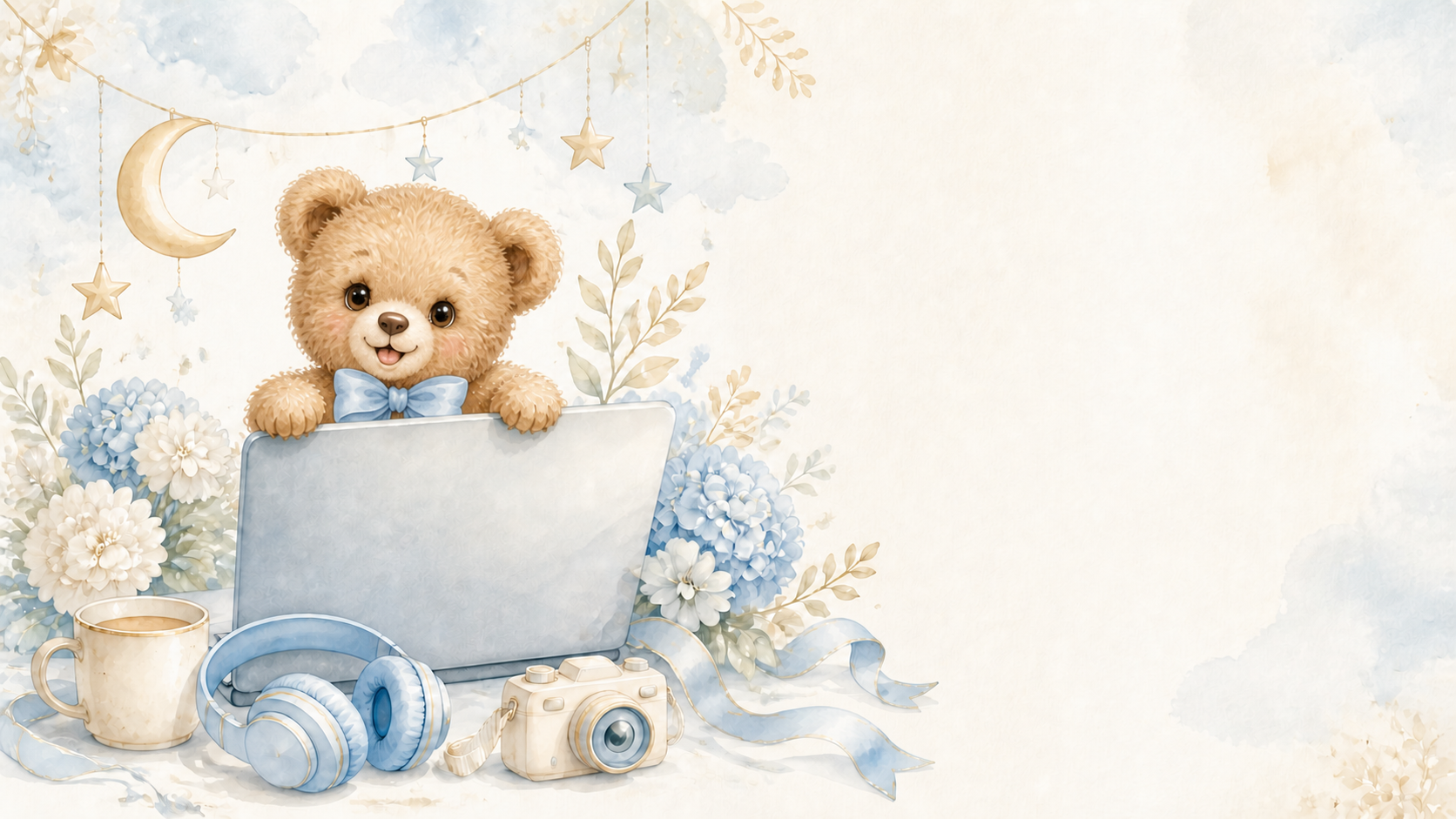 The same honey-gold teddy peeking over a laptop with headphones, camera, flowers, stars, and a crescent moon.
