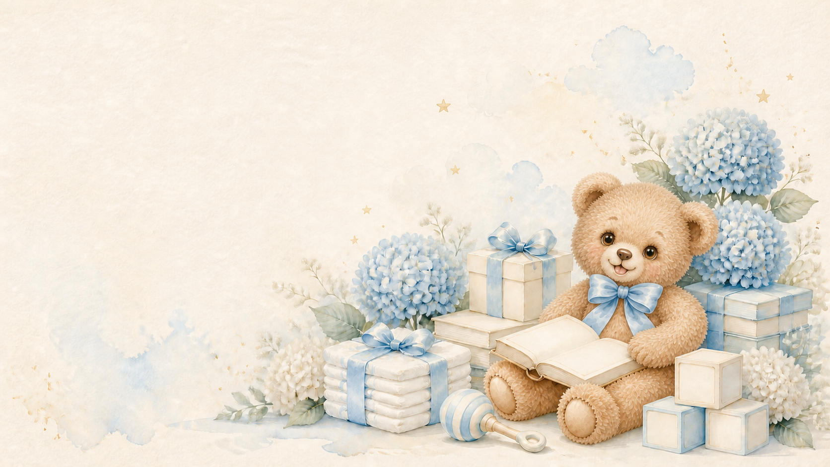The same honey-gold teddy reading among baby books, hydrangeas, building blocks, wrapped diapers, and a rattle.