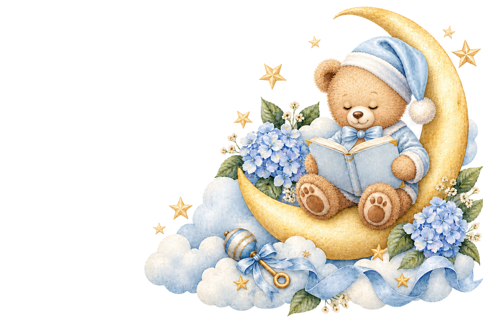 The same honey-gold teddy in blue pajamas reading on a gold crescent moon among clouds, stars, flowers, and a baby rattle.